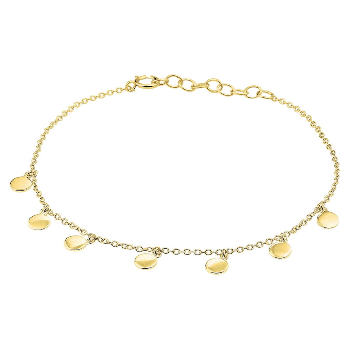 Stijlvolle geelgoud op 925 zilveren anker armband uitgevoerd met ronde hangers van 4.3mm in diameter. Met een draaglengte van 16.5cm en een extensie van 2.5cm. De schakelbreedte is 1.2mm. De armband is te combineren met bijpassende sieraden uit onze collectie. Geen garantie op plating.