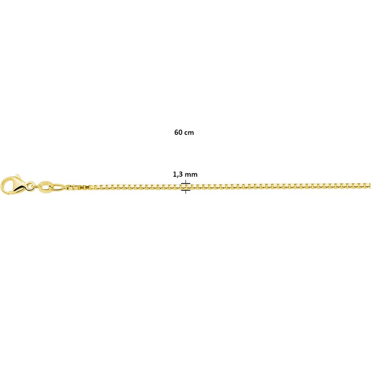 Geelgoud op 925 zilveren venetiaans collier met een schakelbreedte van 1.3mm. Het collier heeft een draaglengte van 60cm en een stevige karabijn sluiting.