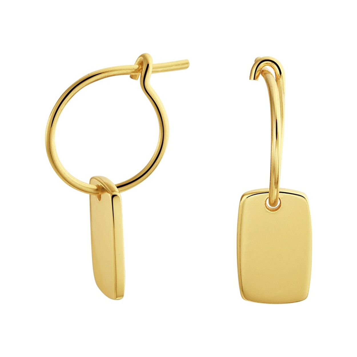 Geelgoud op 925 zilveren oorringen uitgevoerd met een hangertje in de vorm van een rechthoek. De oorringen hebben een diameter van 11mm. Het hangertje heeft een afmeting van 10x6mm.