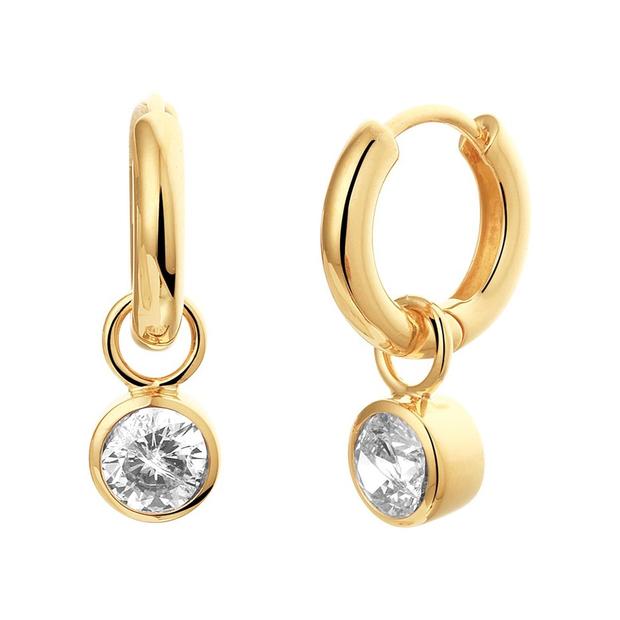 Geelgoud op 925 zilveren klapoorringen uitgevoerd met een hanger met daarin een heldere zirkonia. De oorringen hebben een afmeting van 15x2.8mm. De hanger heeft een diameter van 6mm.