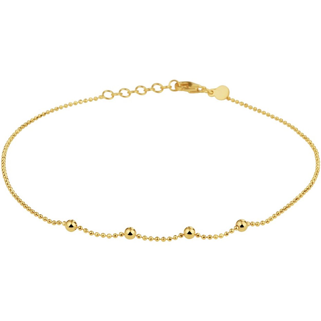 Geelgoud op 925 zilveren enkelbandje uitgevoerd met bolletjes en een stevige karabijn sluiting. Het enkelbandje heeft een draaglengte van 24cm met een extensie van 2cm. De bolletjes hebben een diameter van 3mm.