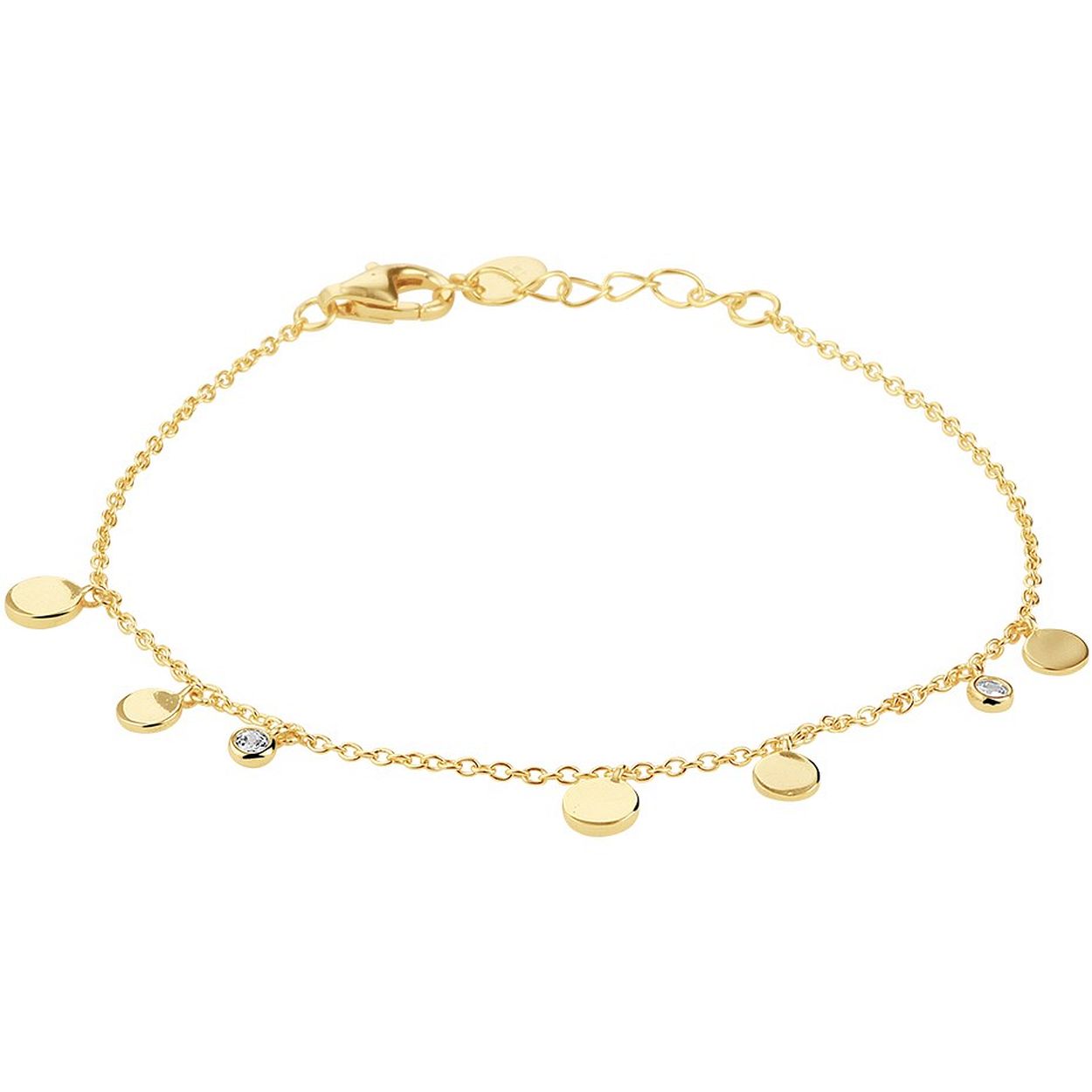 Geelgoud op 925 zilveren armband uitgevoerd met rondjes en zirkonia. De armband heeft een draaglengte van 16.5cm met een extensie van 2cm en een stevige karabijn sluiting.