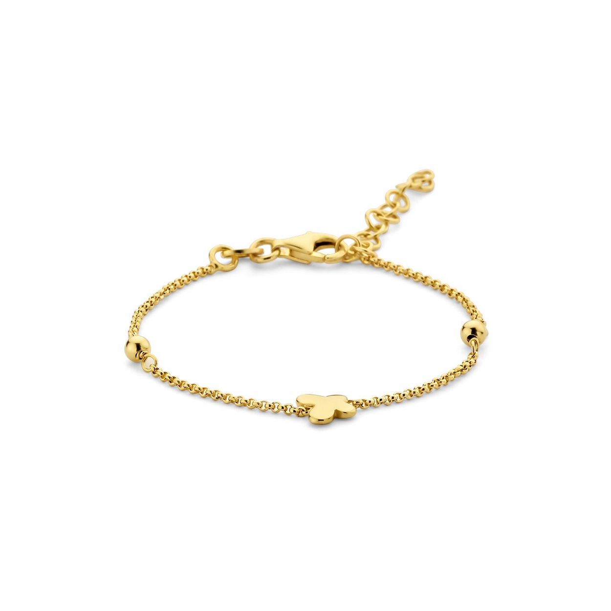 Geelgoud op 925 zilveren armband uitgevoerd met een vlinder. De armband heeft een draaglengte van 13cm met een extensie van 3cm en een stevige karabijn sluiting. De vlinder heeft een afmeting van 6.5x6mm.