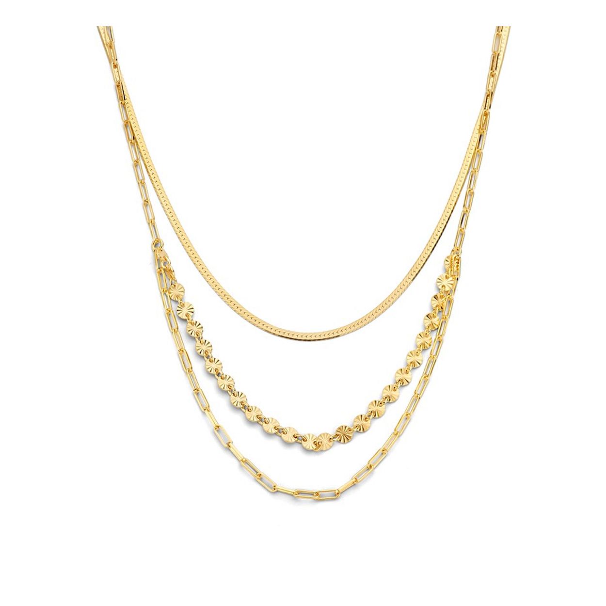 Geelgoud op 925 zilveren collier uitgevoerd met drie verschillende soorten schakels. De schakels hebben een breedte van 2mm, 2.2mm en 4.2mm. Het collier heeft een draaglengte van 41cm met een extensie van 4cm en een stevige karabijn sluiting.