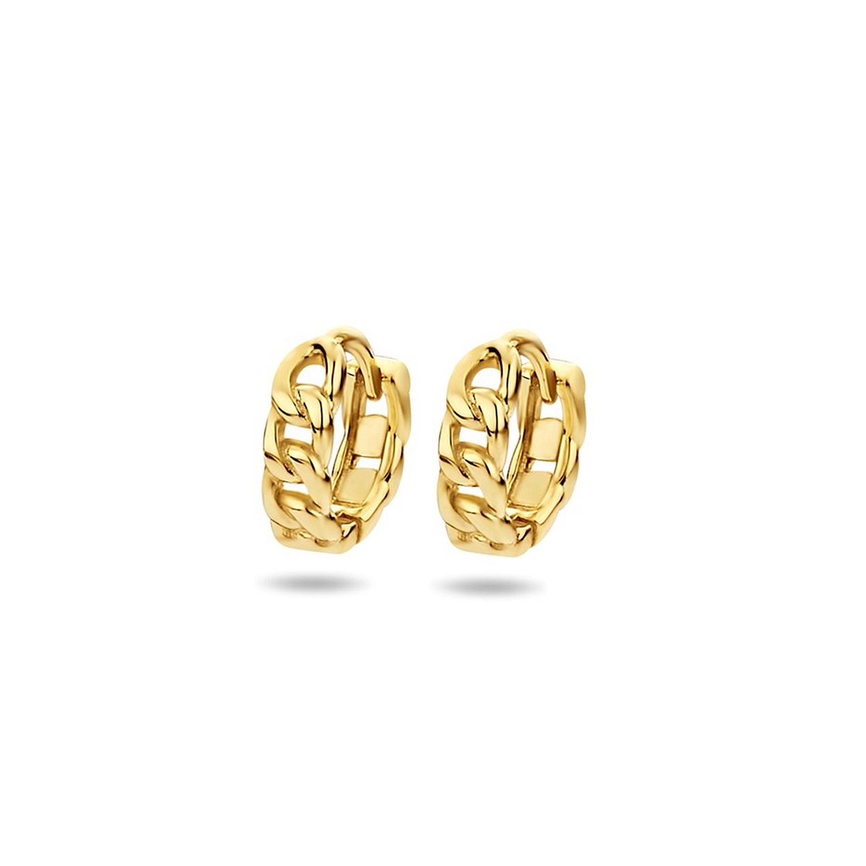 Geelgoud op 925 zilveren klapoorringen uitgevoerd in schakelvorm. De klapoorringen hebben een afmeting van 10x3mm.