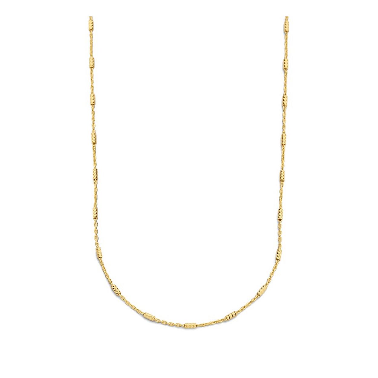 Geelgoud op 925 zilveren collier uitgevoerd met buisjes van 1.3mm breed. Het collier heeft een draaglengte van 40cm met een extensie van 4cm en een stevige karabijn sluiting.