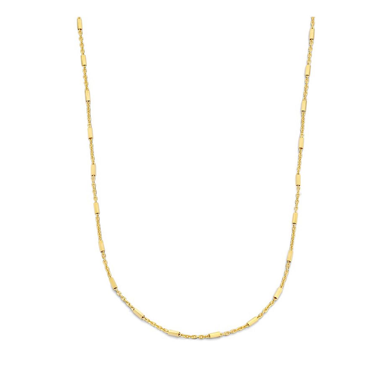 Geelgoud op 925 zilveren collier uitgevoerd met buisjes van 1.3mm breed. Het collier heeft een draaglengte van 40cm met een extensie van 4cm en een stevige karabijn sluiting.