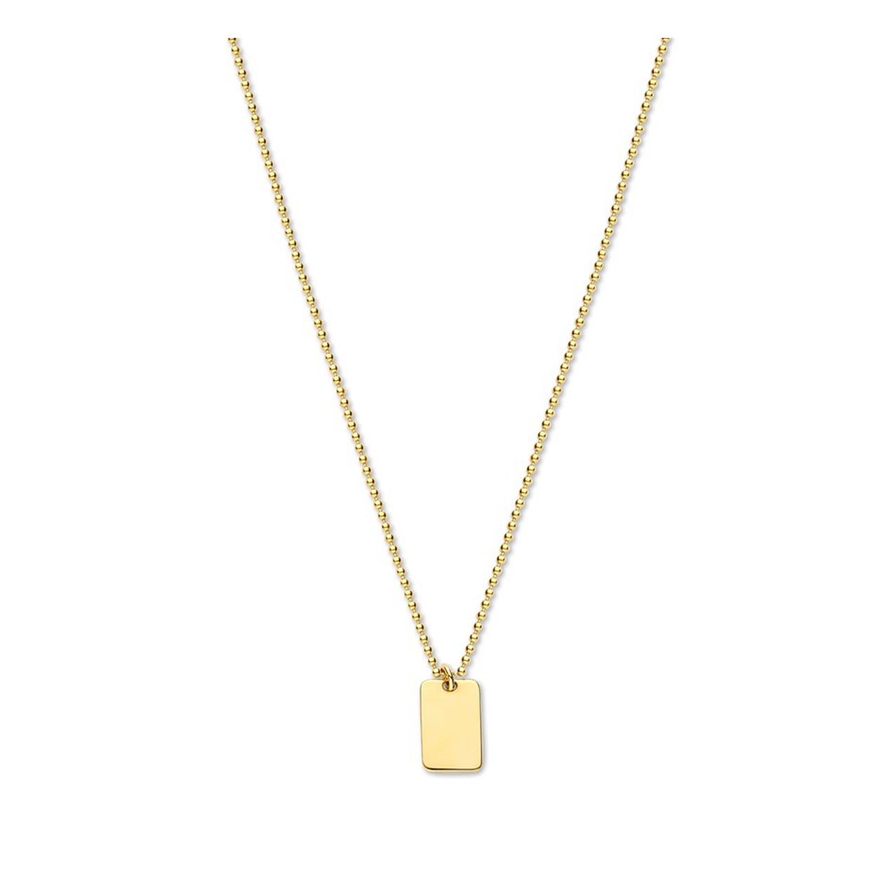 Geelgoud op 925 zilveren collier uitgevoerd met een hanger in de vorm van een rechthoek. Het collier heeft een draaglengte van 45cm met een extensie van 5cm en een stevige karabijn sluiting. De hanger heeft een afmeting van 17x9.3mm.