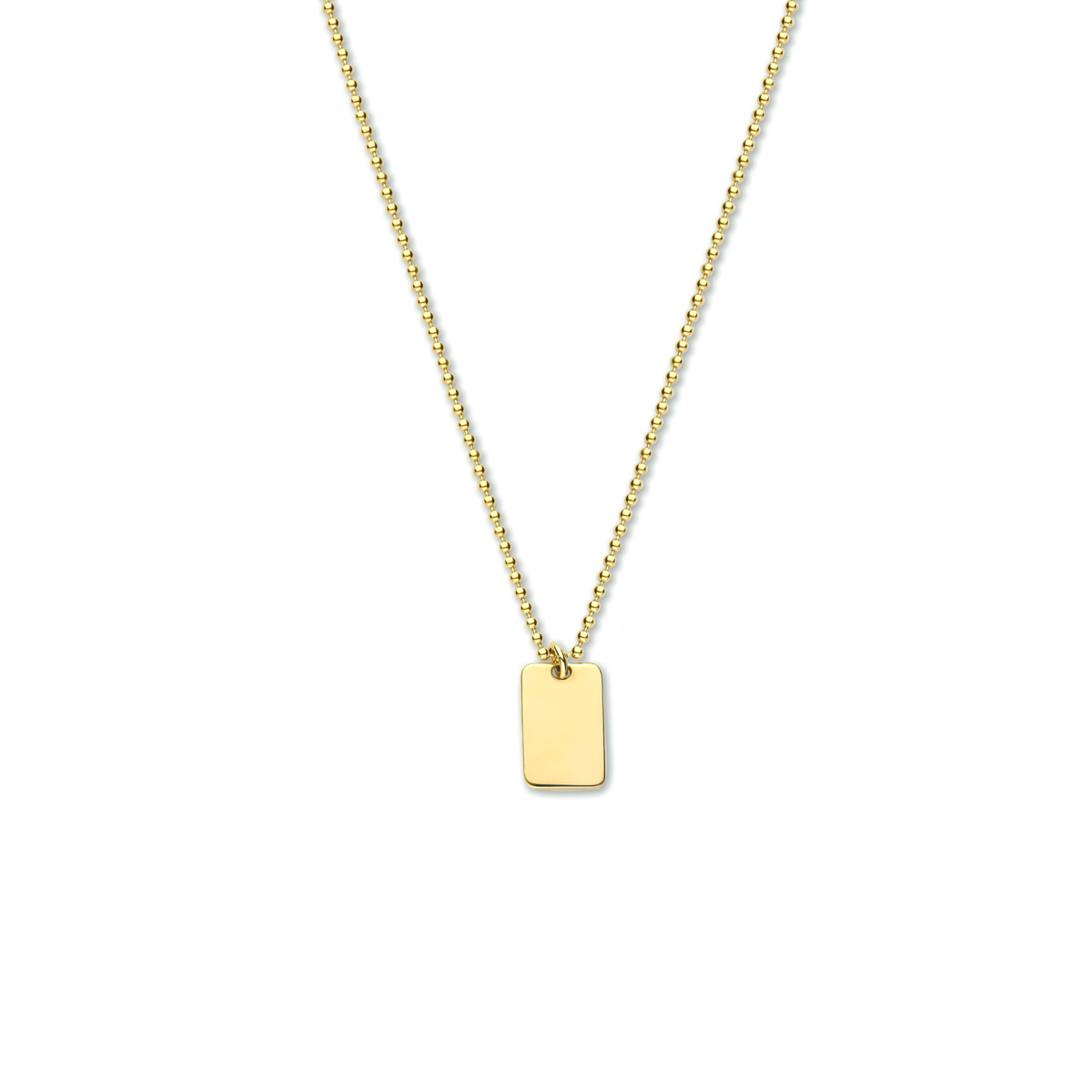 Geelgoud op 925 zilveren collier uitgevoerd met een hanger in de vorm van een rechthoek. Het collier heeft een draaglengte van 45cm met een extensie van 5cm en een stevige karabijn sluiting. De hanger heeft een afmeting van 17x9.3mm.