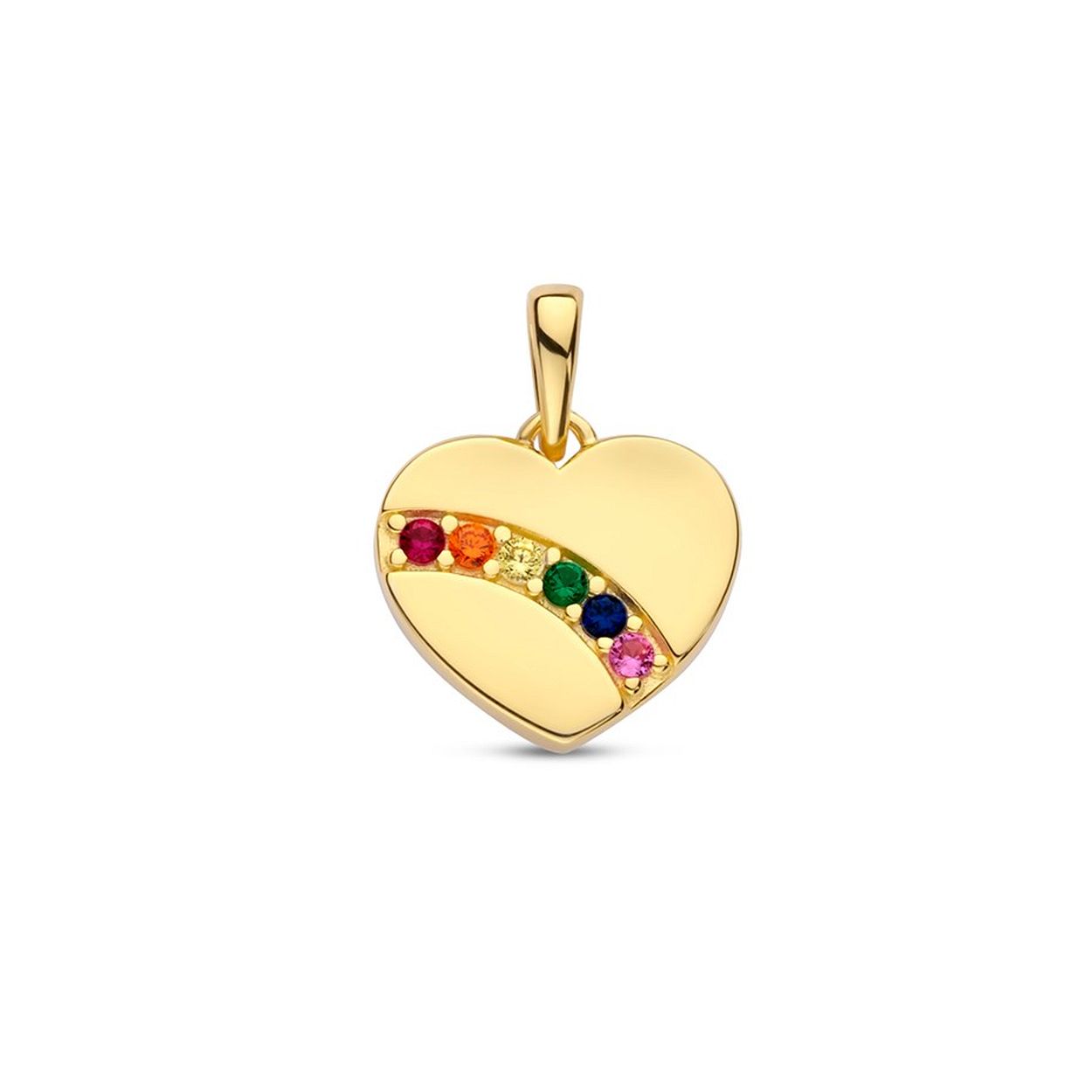 Geelgoud op 925 zilveren hanger uitgevoerd in de vorm van een hart met daarin een rij van gekleurd zirkonia. De hanger heeft een totale hoogte van 1.8cm en een breedte van 13.5mm.