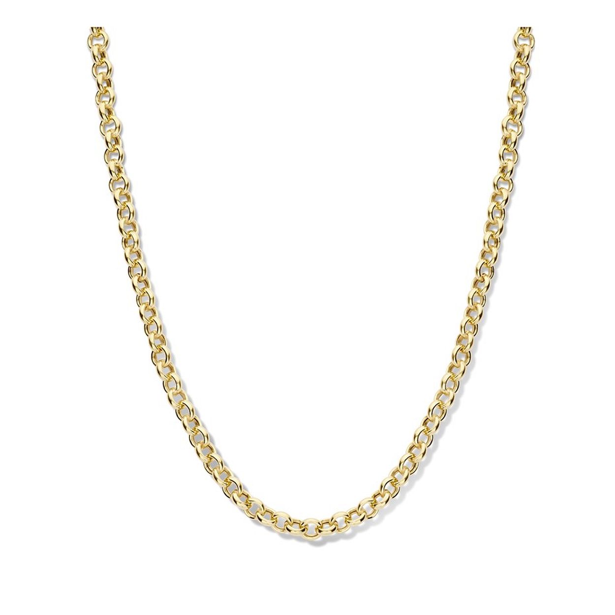 Geelgoud op 925 zilveren jasseron collier met een schakelbreedte van 5.5mm en uitgevoerd met een groot veerslot. Het collier heeft een draaglengte van 45cm.