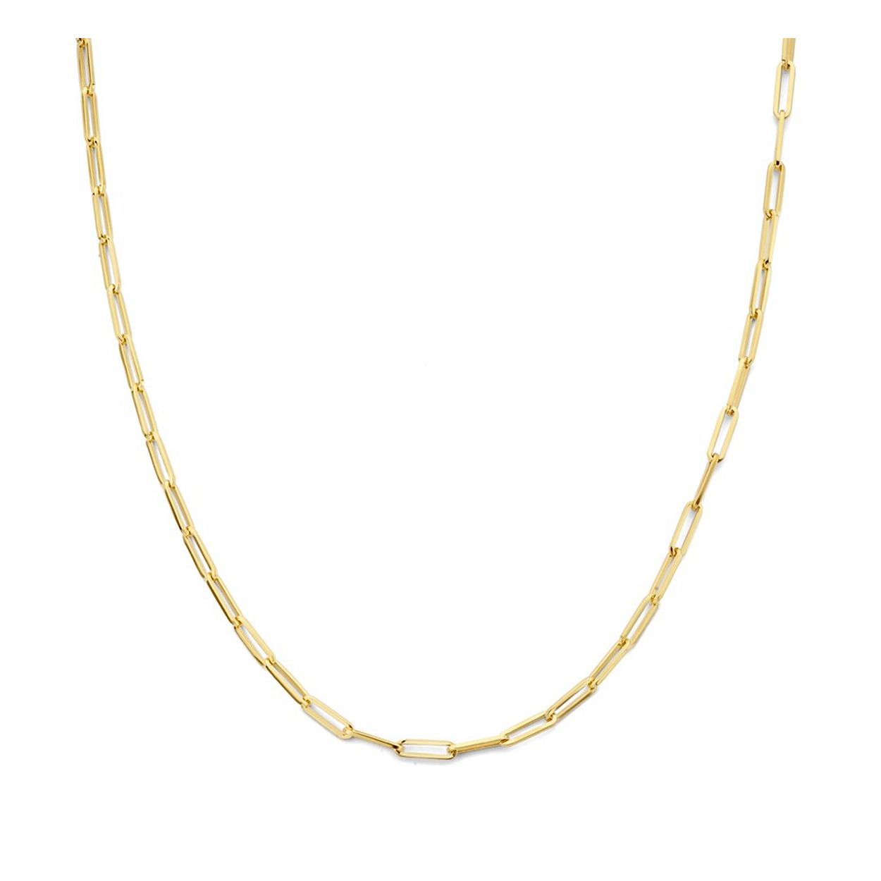 Geelgoud op 925 zilveren collier uitgevoerd met een paperclip schakel met een breedte van 3mm. Het collier heeft een draaglengte van 45cm en een stevige karabijn sluiting.
