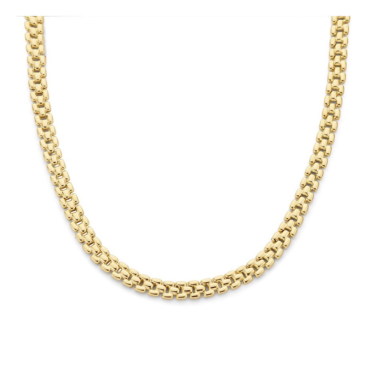 Geelgoud op 925 zilveren schakelcollier met een breedte van 6.9mm. Het collier heeft een draaglengte van 43cm.