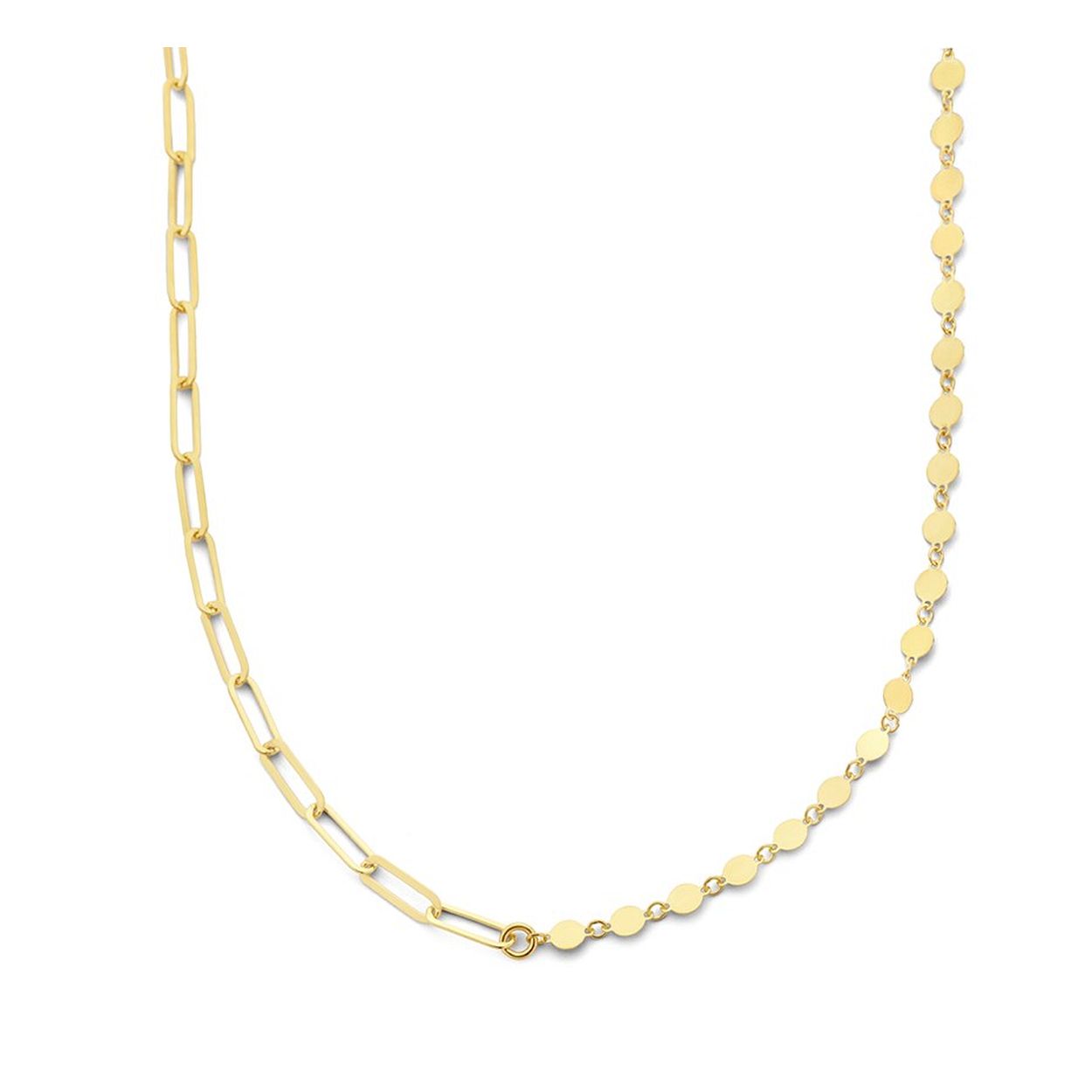Geelgoud op 925 zilveren collier met een schakelbreedte van 4mm, uitgevoerd met een anker schakel en schijfjes. Het collier heeft een draaglengte van 41cm met een extensie van 4cm en een stevige karabijn sluiting.