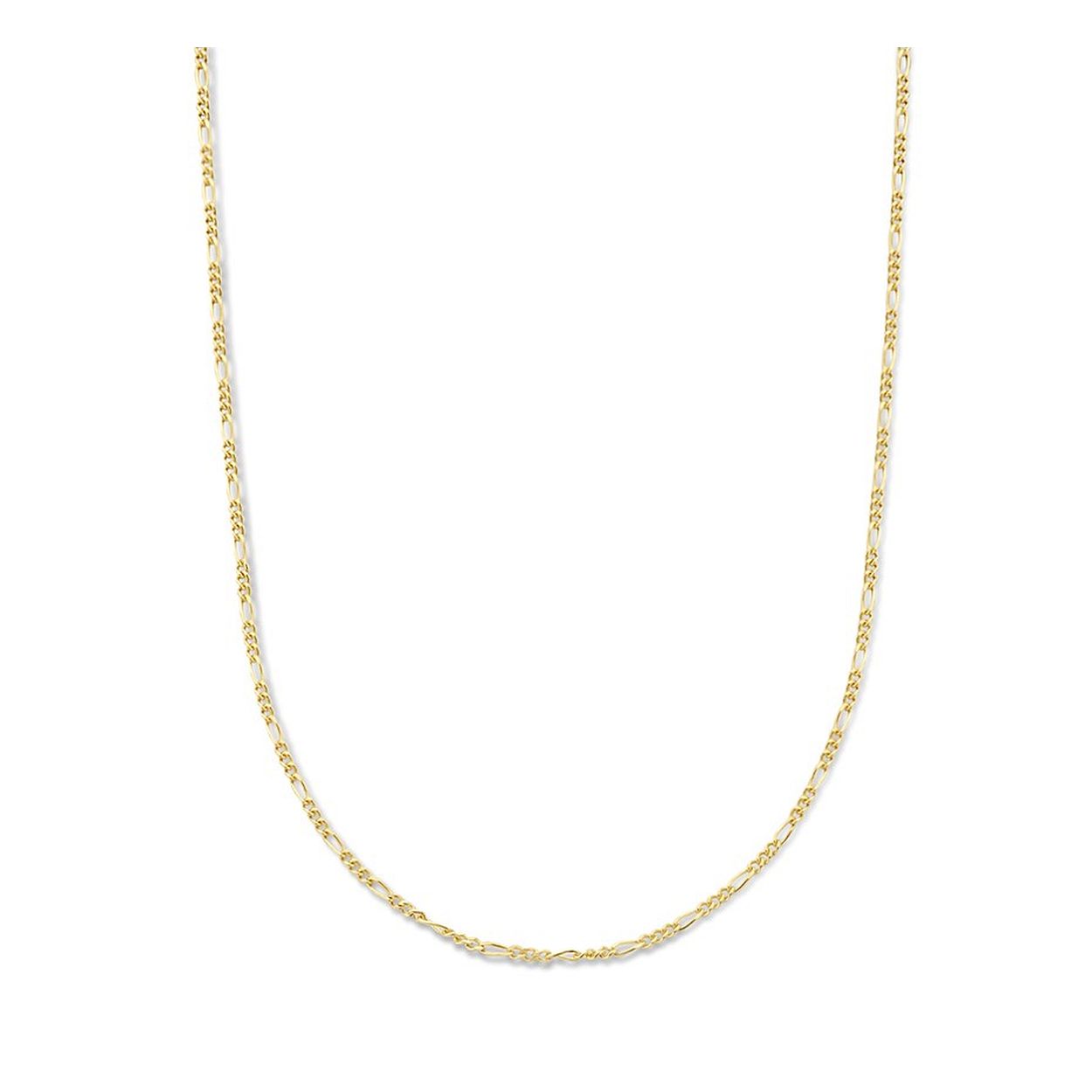 Geelgoud op 925 zilveren figaro collier met een schakelbreedte van 1.4mm. Het collier heeft een draaglengte van 40cm met een extensie van 4cm en een stevige karabijn sluiting.