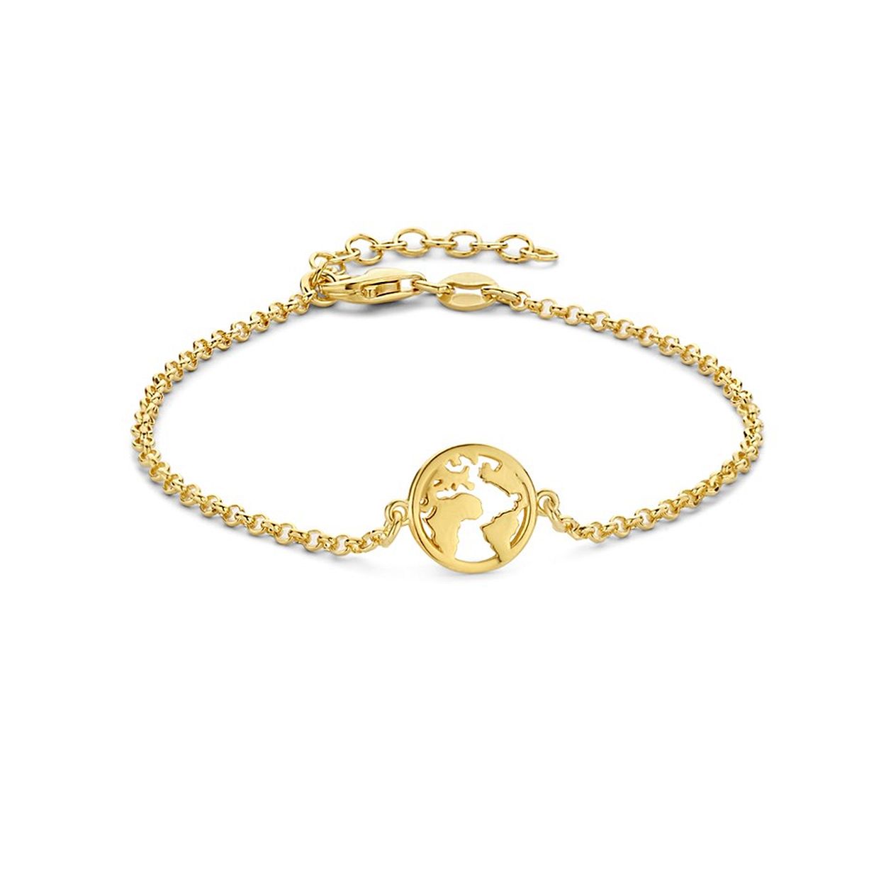 Geelgoud op 925 zilveren armband uitgevoerd met een wereldbol. De armband heeft een draaglengte van 16cm met een extensie van 3cm en een stevige karabijn sluiting. De wereldbol heeft een diameter van 10mm.