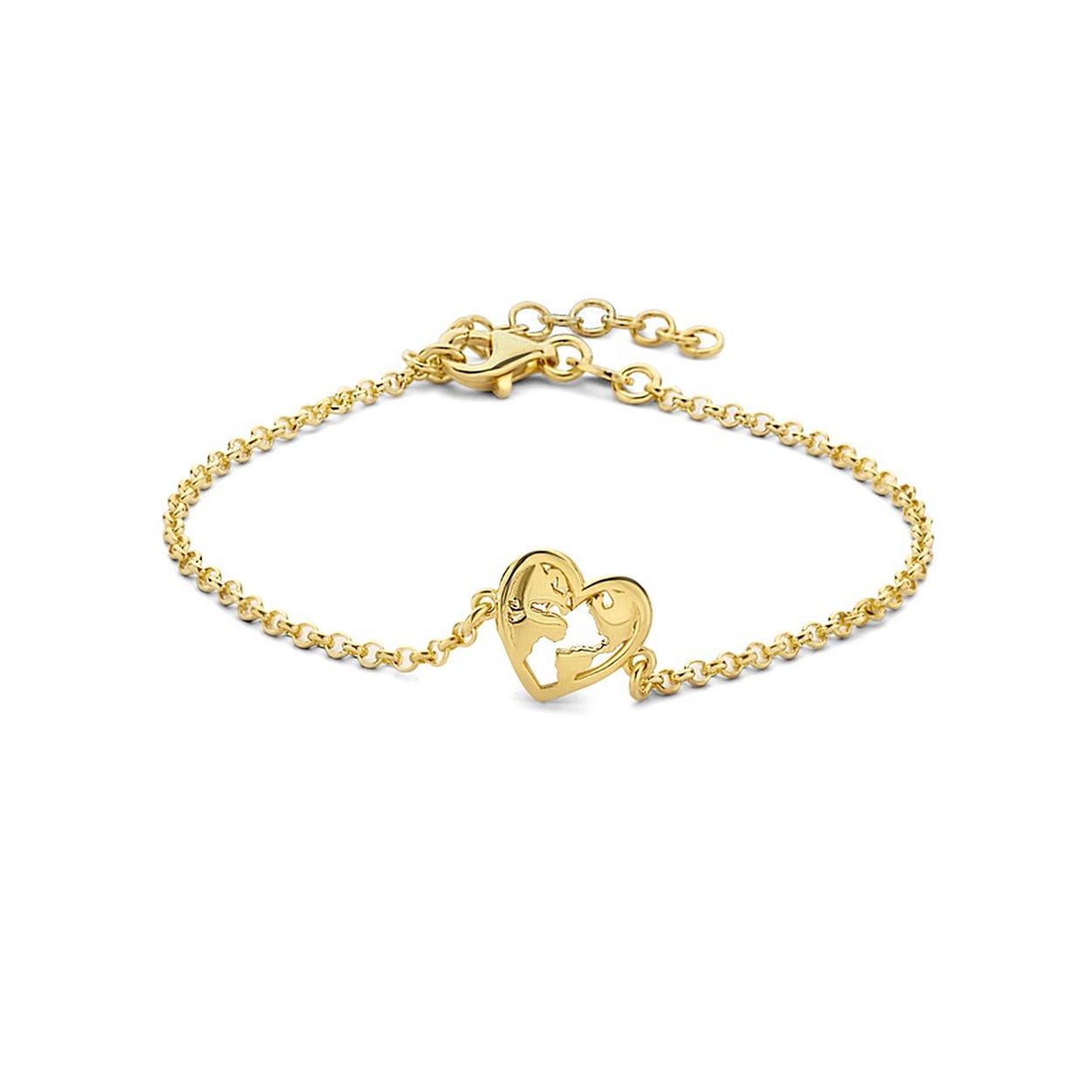 Geelgoud op 925 zilveren armband uitgevoerd met een hartje. De armband heeft een draaglengte van 16cm met een extensie van 3cm en een stevige karabijn sluiting. Het hartje heeft een afmeting van 9.8x13mm.