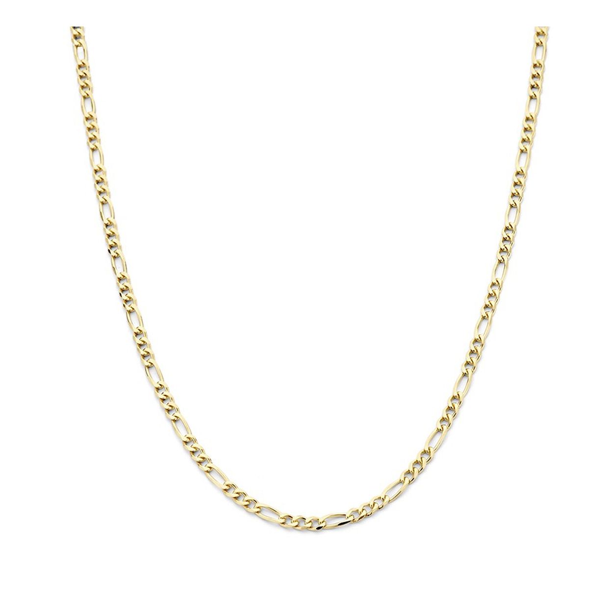 Geelgoud op 925 zilveren figaro collier met een schakelbreedte van 3mm. Het collier heeft een draaglengte van 45cm met een extensie van 5cm en een stevige karabijn sluiting.