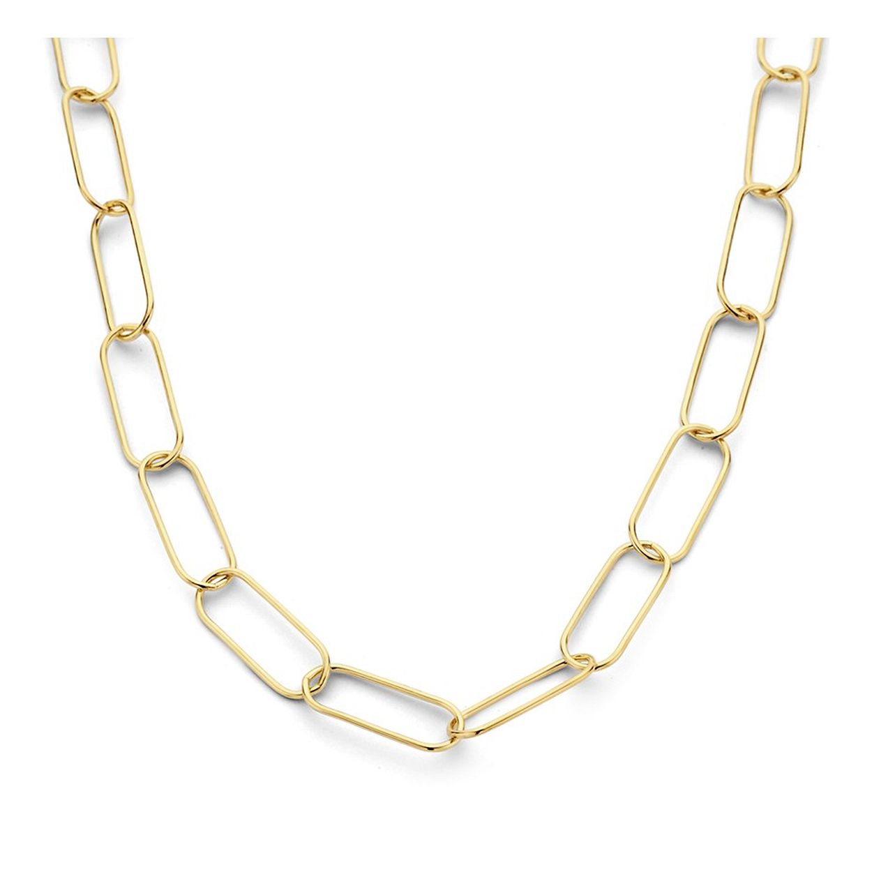Geelgoud op 925 zilveren collier uitgevoerd met een paperclip schakel met een breedte van 10mm. Het collier heeft een draaglengte van 43cm met een extensie van 3cm en een stevige karabijn sluiting.