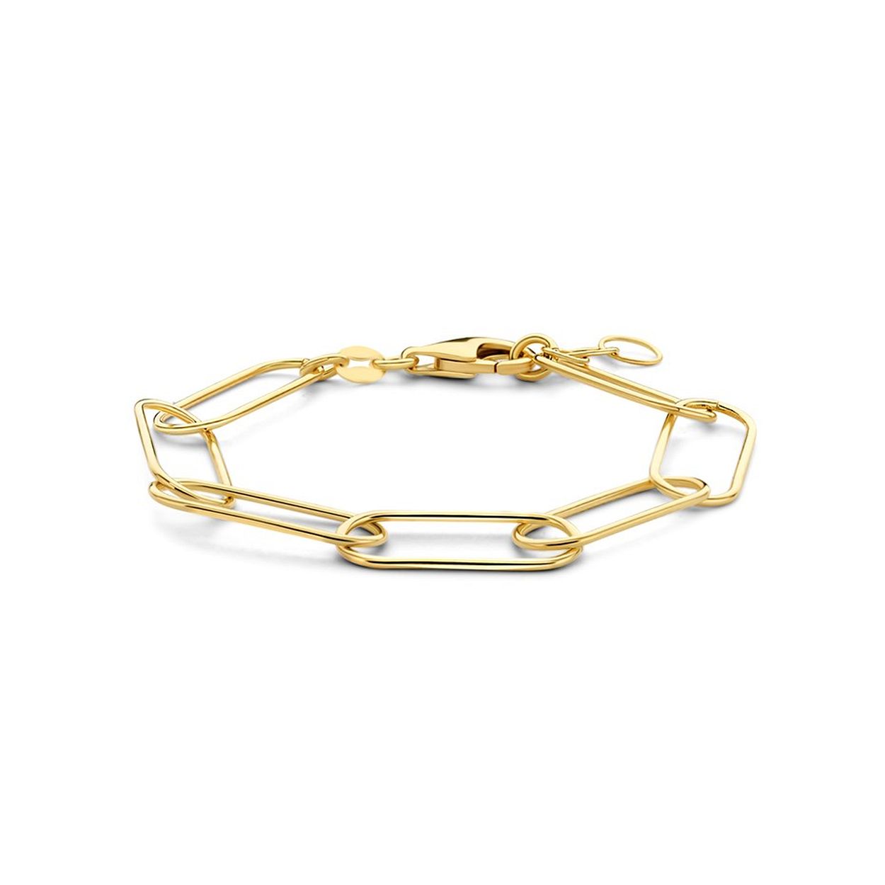 Geelgoud op 925 zilveren armband uitgevoerd met een paperclip schakel met een breedte van 10mm. De armband heeft een draaglengte van 18cm met een extensie van 2cm en een stevige karabijn sluiting.