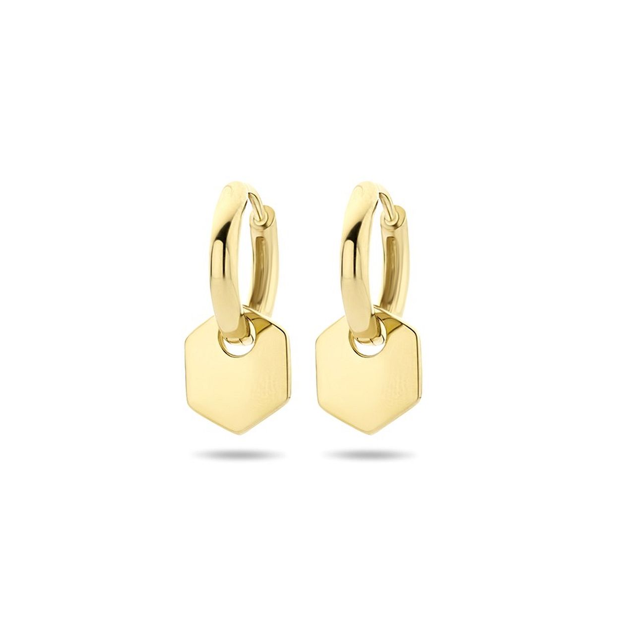 Geelgoud op 925 zilveren klapoorringen uitgevoerd met een hangertje in de vorm van een zeshoek. 
De klapoorringen hebben een dikte van 2mm en een diameter van 12.5mm. 
Het hangertje heeft een afmeting van 9.5x8.5mm.