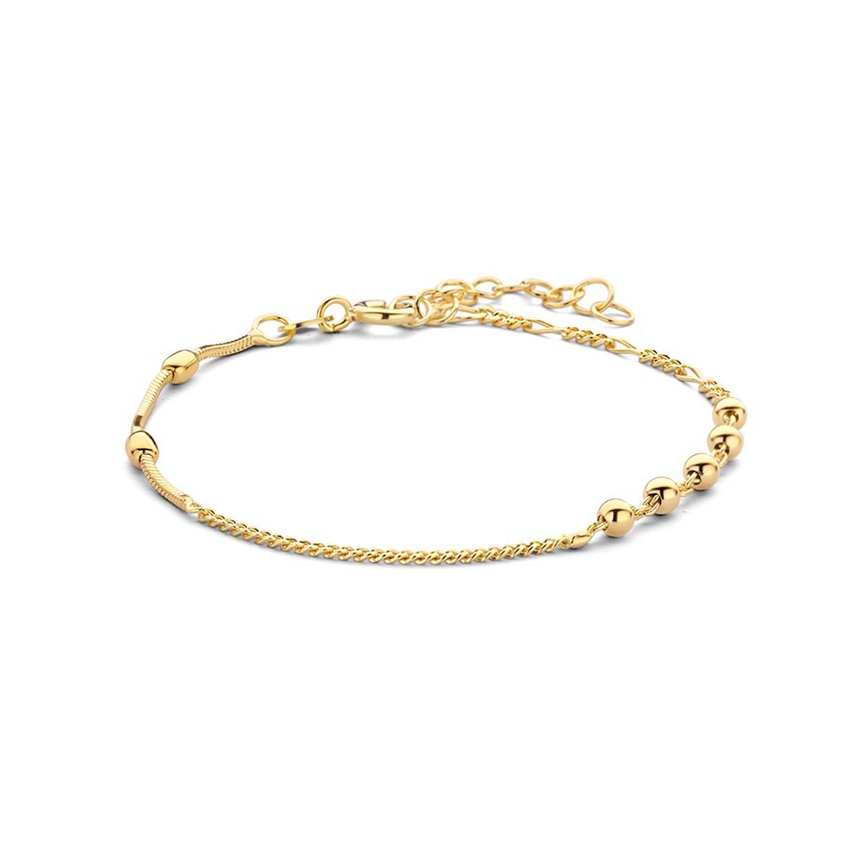 Geelgoud op 925 zilveren armband uitgevoerd met vier verschillende schakels. De armband heeft een breedte van 3mm en een draaglengte van 16cm met een extensie van 3cm.