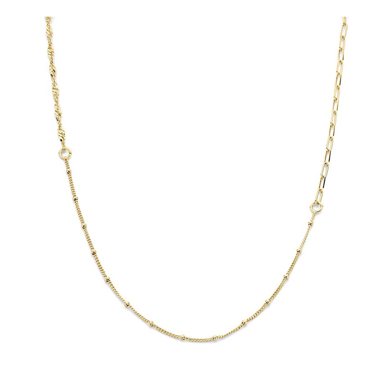 Geelgoud op 925 zilveren collier uitgevoerd met drie verschillende schakels en een stevige karabijn sluiting. Het collier heeft een breedte van 2.5mm en een draaglengte van 41cm met een extensie van 4cm.