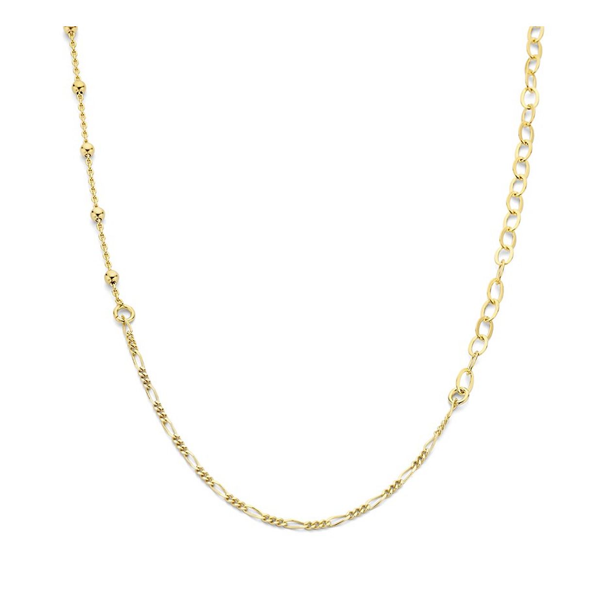 Geelgoud op 925 zilveren collier uitgevoerd met drie verschillende schakels en een stevige karabijn sluiting. Het collier heeft een breedte van 3.8mm en een draaglengte van 41cm met een extensie van 4cm. Geen garantie op plating.