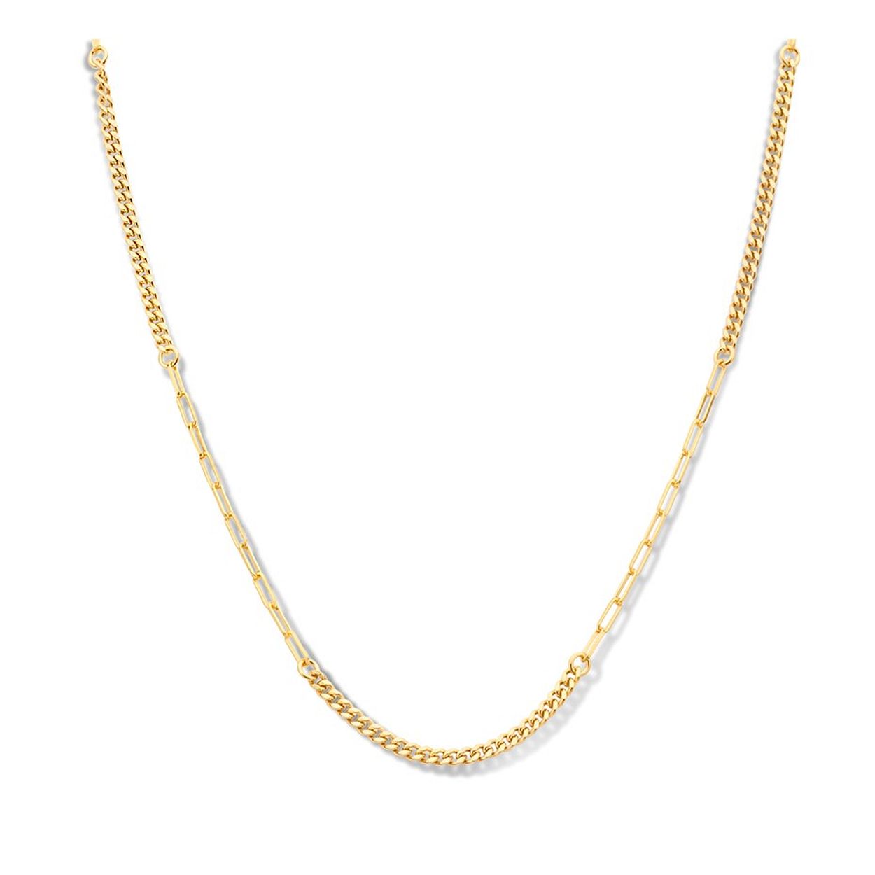 Geelgoud op 925 zilveren collier uitgevoerd met een ankerschakel en een gourmet schakel. Het collier heeft een draaglengte van 43cm met een extensie van 3cm en een stevige karabijn sluiting.