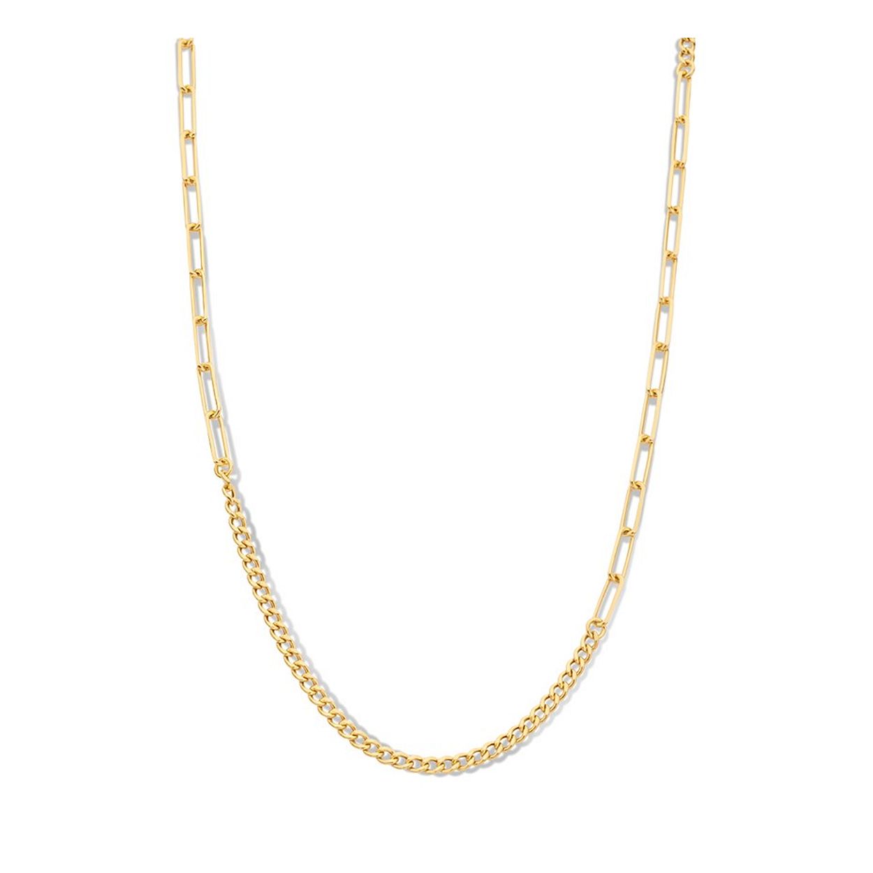 Geelgoud op 925 zilveren collier uitgevoerd met twee verschillende schakels. Het collier heeft een draaglengte van 82cm en een stevige karabijn sluiting.
