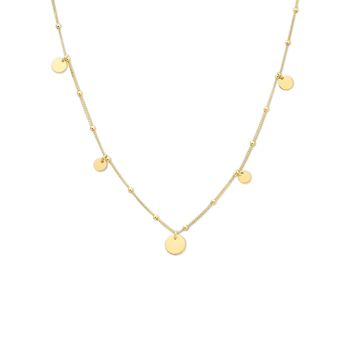925 zilveren collier verguld uitgevoerd met rondjes. Het collier heeft een draaglengte van 80cm en een stevige karabijn sluiting. De rondjes hebben een diameter van 5, 6 en 8mm.