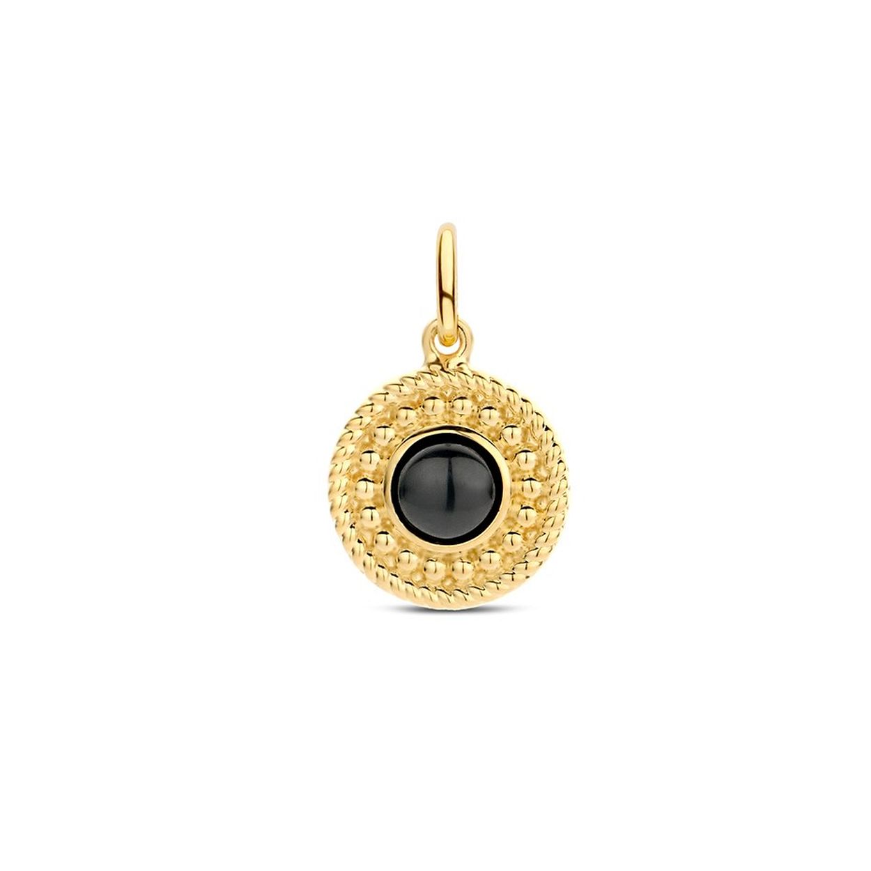 Geelgoud op 925 zilveren hanger uitgevoerd met een schitterende onyx. De hanger heeft een totale hoogte van 1.9cm en een breedte van 12mm.