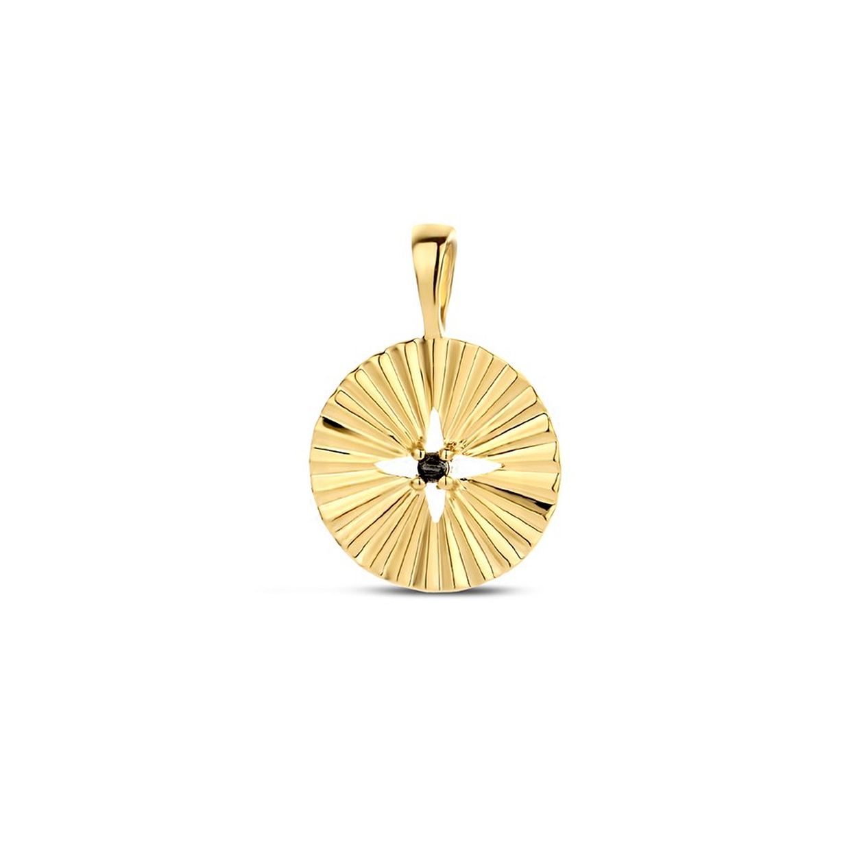 Geelgoud op 925 zilveren hanger uitgevoerd met een zwart zirkonia. De hanger heeft een totale hoogte van 1.8cm en een breedte van 12.5mm.