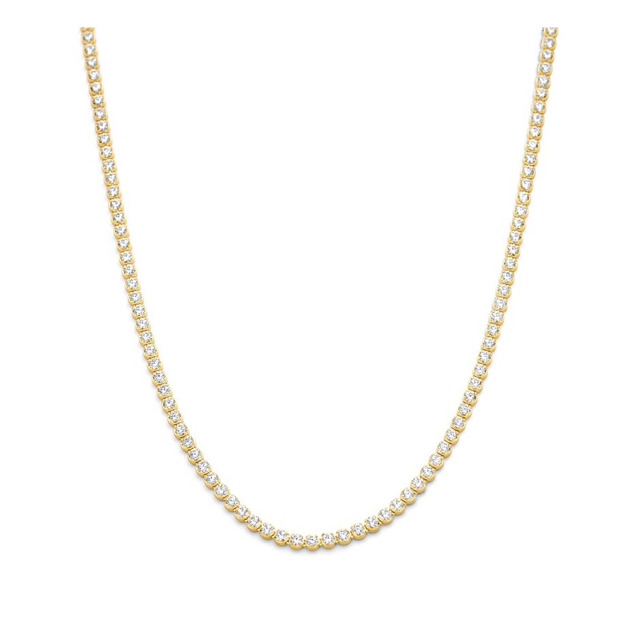 Geelgoud op 925 zilveren collier uitgevoerd met een schitterende zirkonia rij en een stevige karabijn sluiting. Het collier heeft een draaglengte van 42cm met een extensie van 3cm.