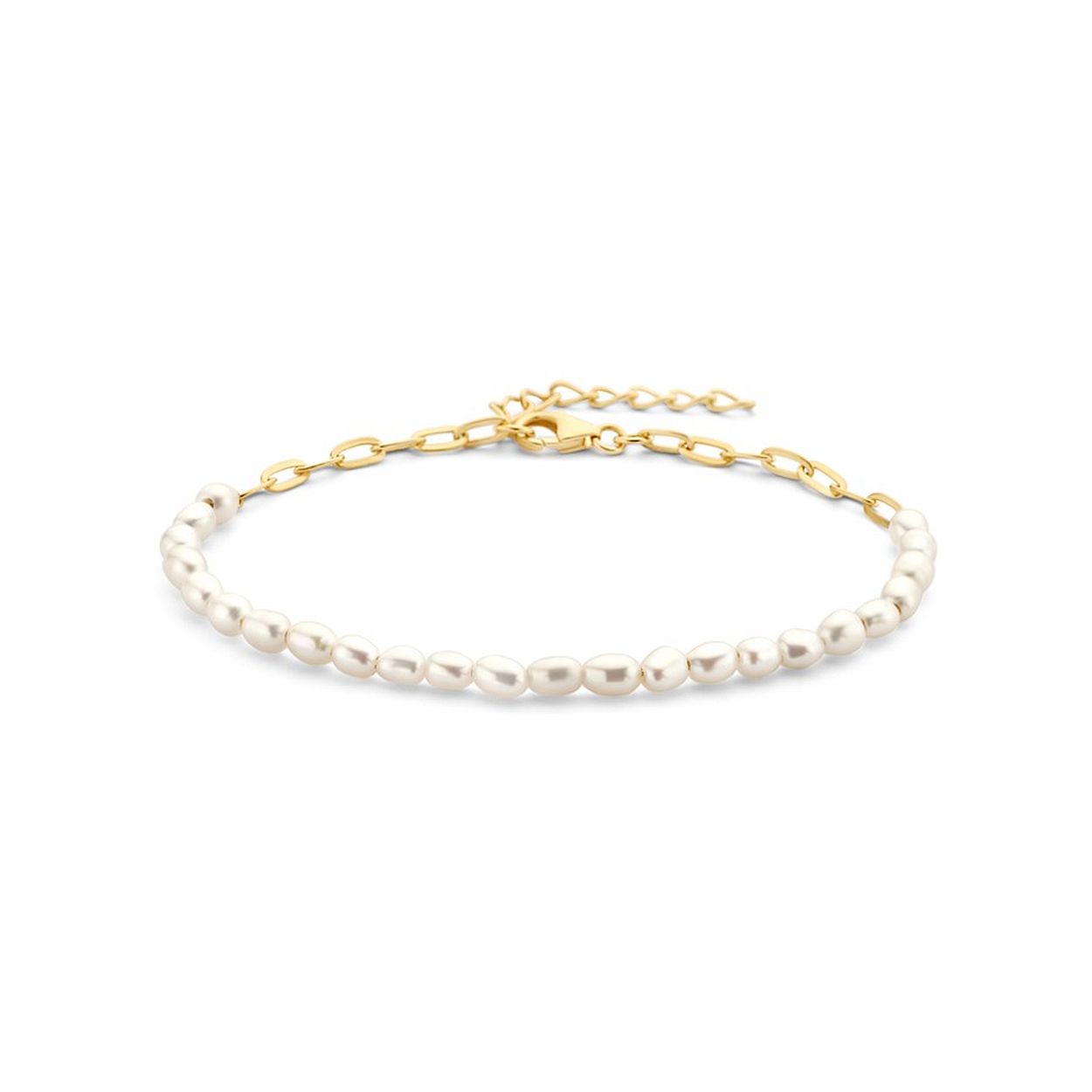 Geelgoud op 925 zilveren armband uitgevoerd met zoetwaterparels en een stevige karabijn sluiting. De armband heeft een breedte van 3.8mm en een draaglengte van 18cm met een extensie van 3cm.