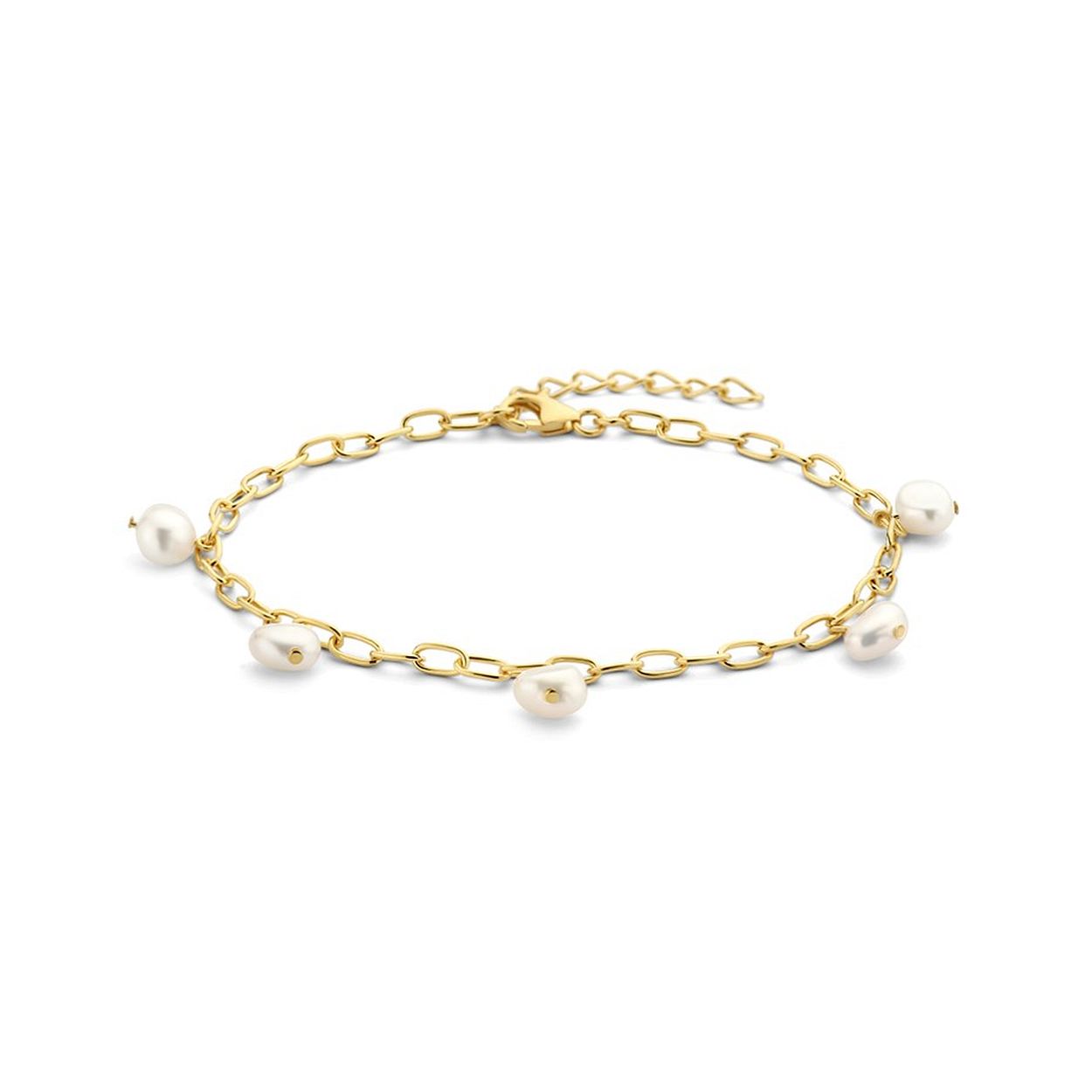 Geelgoud op 925 zilveren armband uitgevoerd met zoetwaterparels. De armband heeft een draaglengte van 18cm met een extensie van 3cm en een stevige karabijn sluiting.
