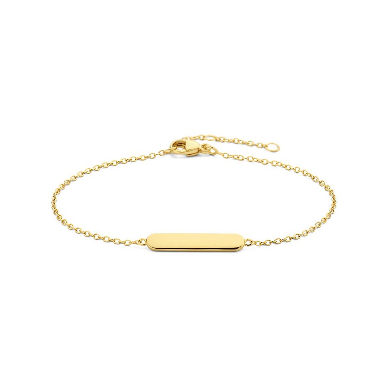 Geelgoud op 925 zilveren armband uitgevoerd met een graveerplaatje met een afmeting van 4x21mm. De armband heeft draaglengtes van 16, 17.5 en 19cm en een stevige karabijn sluiting.