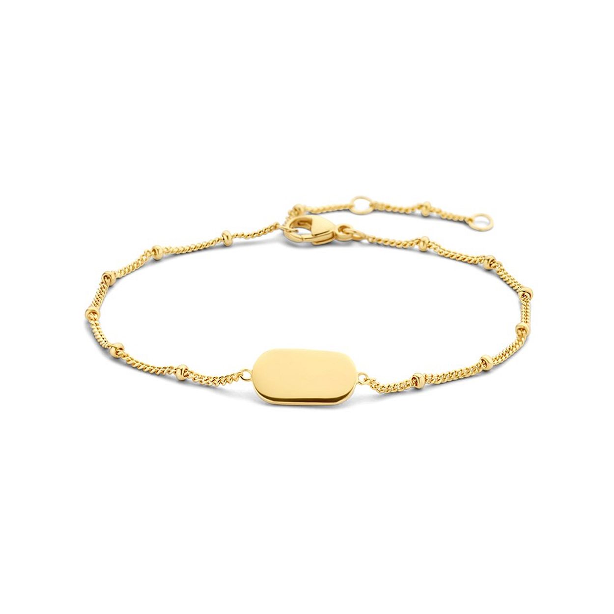 Geelgoud op 925 zilveren armband uitgevoerd met een dog tag van 7.5x13mm en een stevige karabijn sluiting. De armband heeft een breedte van 7.5mm en draaglengtes van 16, 17.5 en 19cm.