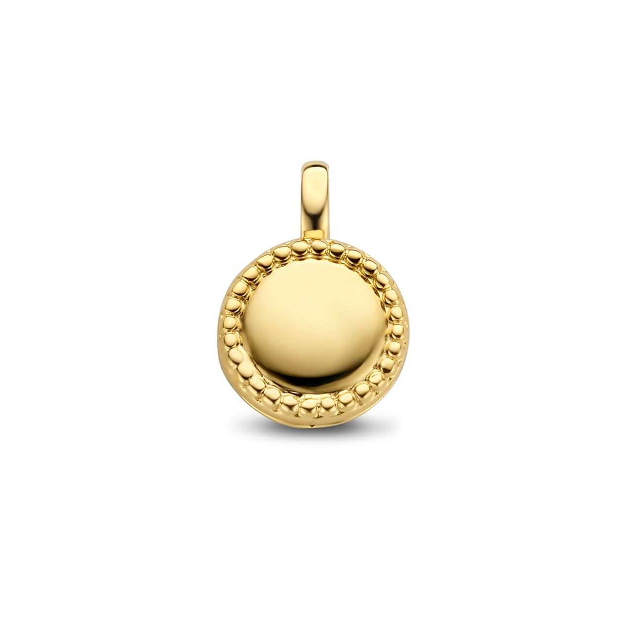 Geelgoud op 925 zilveren medaillon uitgevoerd met bolletjes. De medaillon heeft een totale hoogte van 1.7cm en een breedte van 12mm.