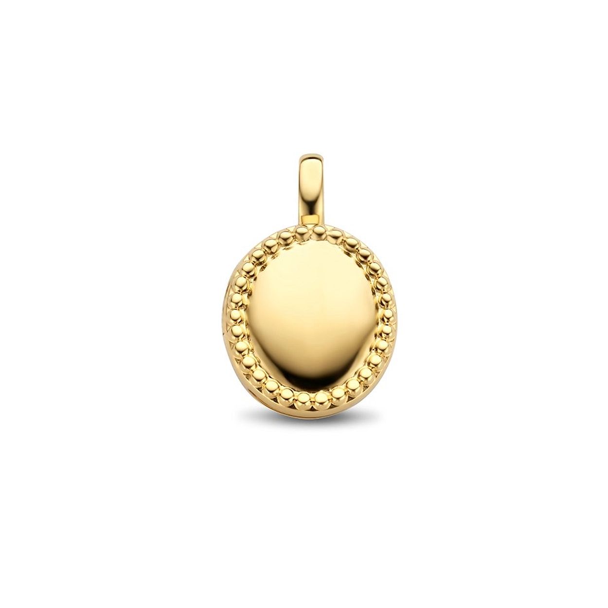 Geelgoud op 925 zilveren medaillon uitgevoerd met bolletjes. De medaillon heeft een totale hoogte van 1.9cm en een breedte van 12mm.