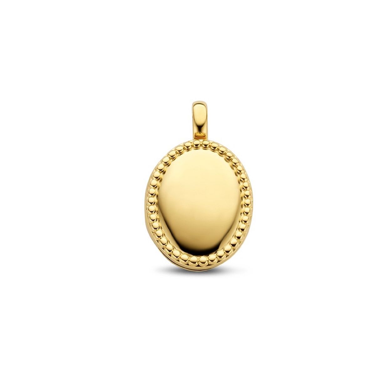 Geelgoud op 925 zilveren medaillon uitgevoerd met bolletjes. De medaillon heeft een totale hoogte van 2.3cm en een breedte van 14.5mm.