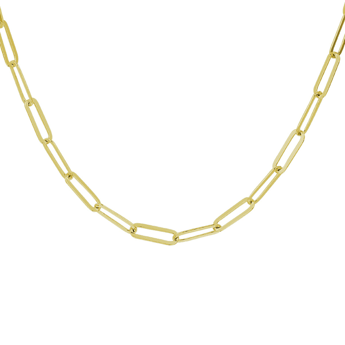 Geelgoud op 925 zilveren collier met een paperclip schakel en een karabijn sluiting. Het collier heeft een draaglengte van 41cm en een extensie van 4cm. De schakelbreedte is 3.8mm. Geen garantie op plating.
