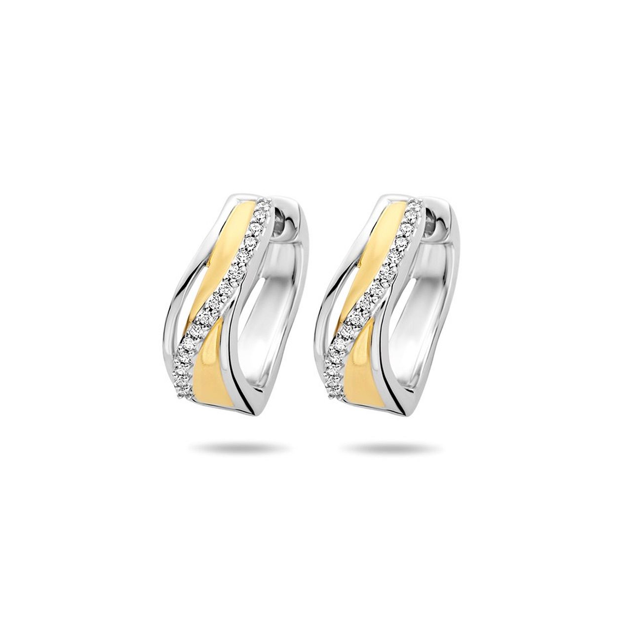 Bicolor geelgouden op 925 zilveren klapoorringen uitgevoerd met een schitterende zirkonia rij. De oorringen hebben een afmeting van 16x6mm.