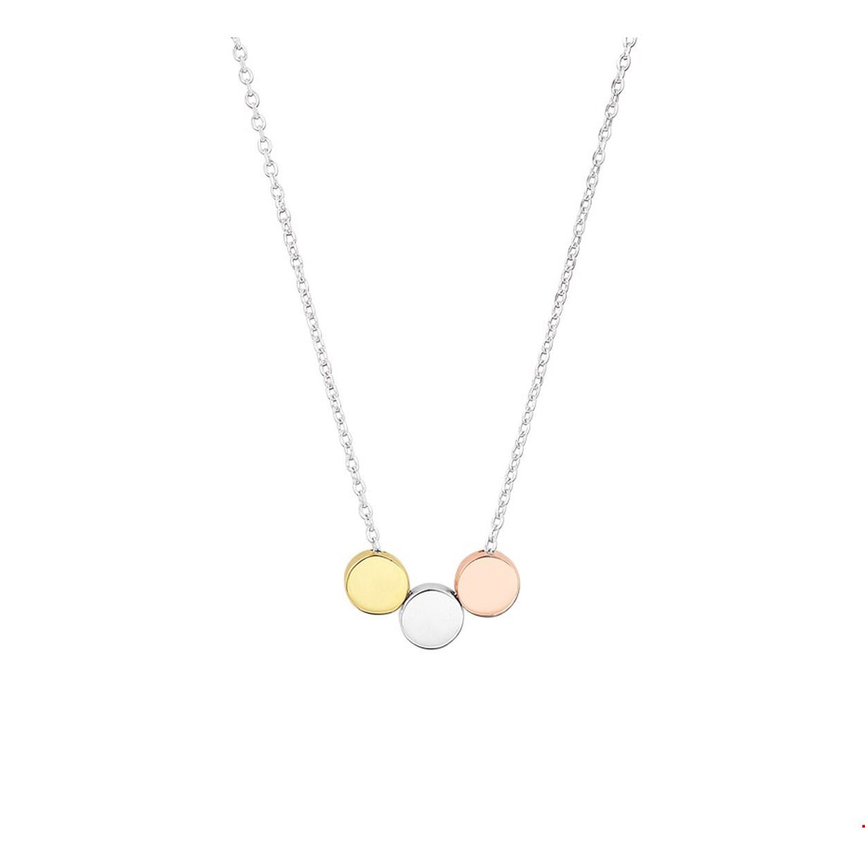 Beschrijving: Trendy gerhodineerd zilveren collier met een draaglengte van 41cm en een extensie van 4cm. Uitgevoerd met 3 rondjes van 5.5mm waarvan 2 in gold en rose plating. Met een stevige karabijn sluiting. 
Verpakt per: 1
Doelgroep: dames
Kortste lengte: 41 mm
Langste lengte: 45 mm