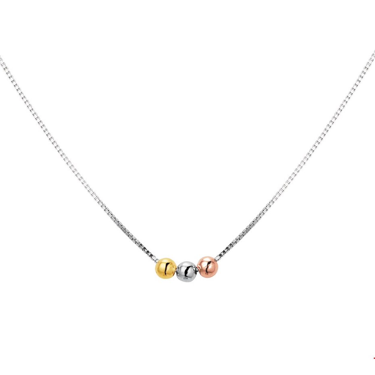 Beschrijving: Trendy gerhodineerd zilveren collier met een draaglente van 40cm en een extensie van 5cm. Uitgevoerd met bolletjes in tricolor plating van 5mm en met een karabijn sluiting. 
Verpakt per: 1
Doelgroep: dames
Kortste lengte: 40 mm
Langste lengte: 45 mm