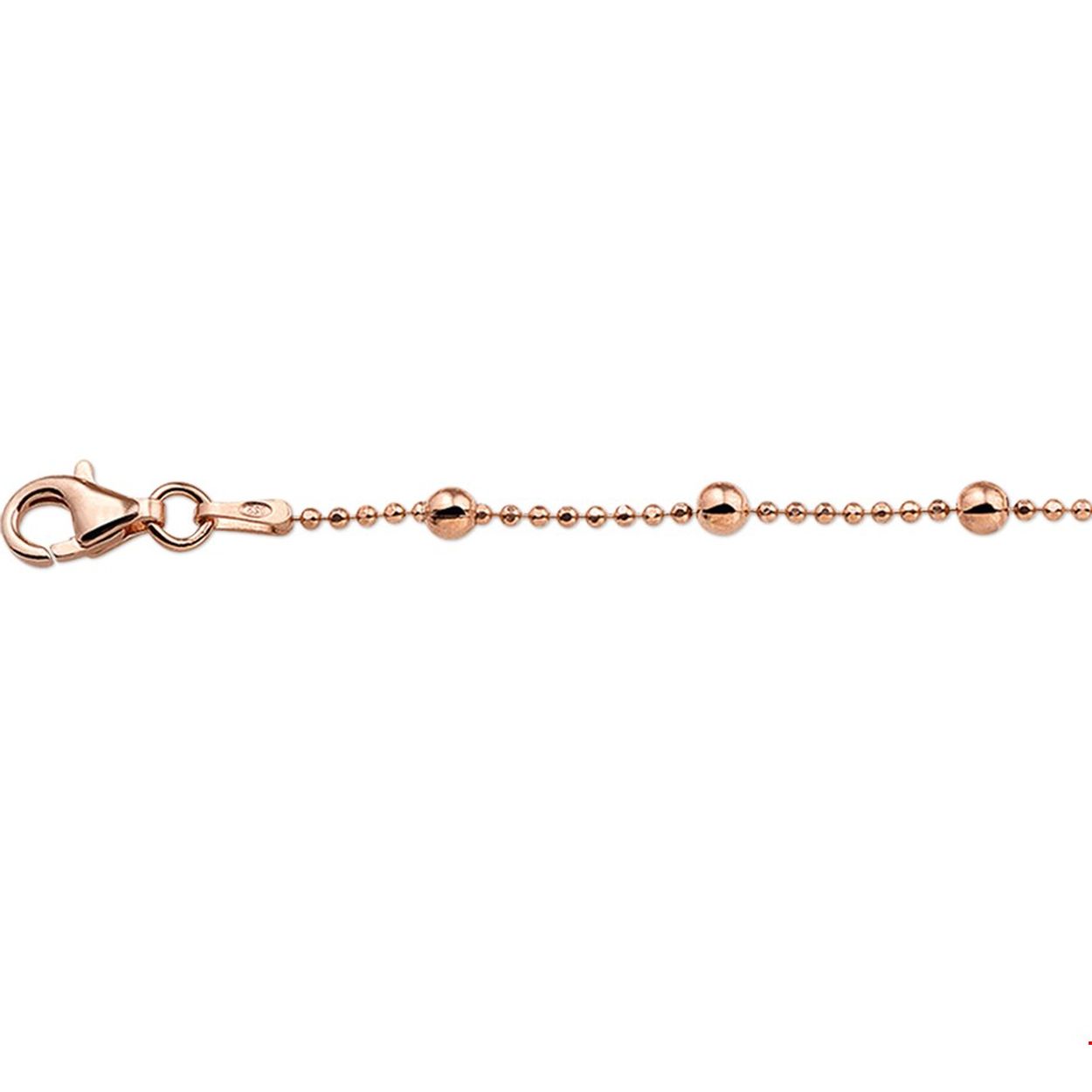 Beschrijving: Elegant rosegouden enkelband uitgevoerd met een bolletjes schakel met een lengte van 24cm en een extensie van 2cm. De schakelbreedte bedraagt 3mm.
Doelgroep: dames
Breedte: 3 mm
Kortste lengte: 24 mm
Langste lengte: 26 mm