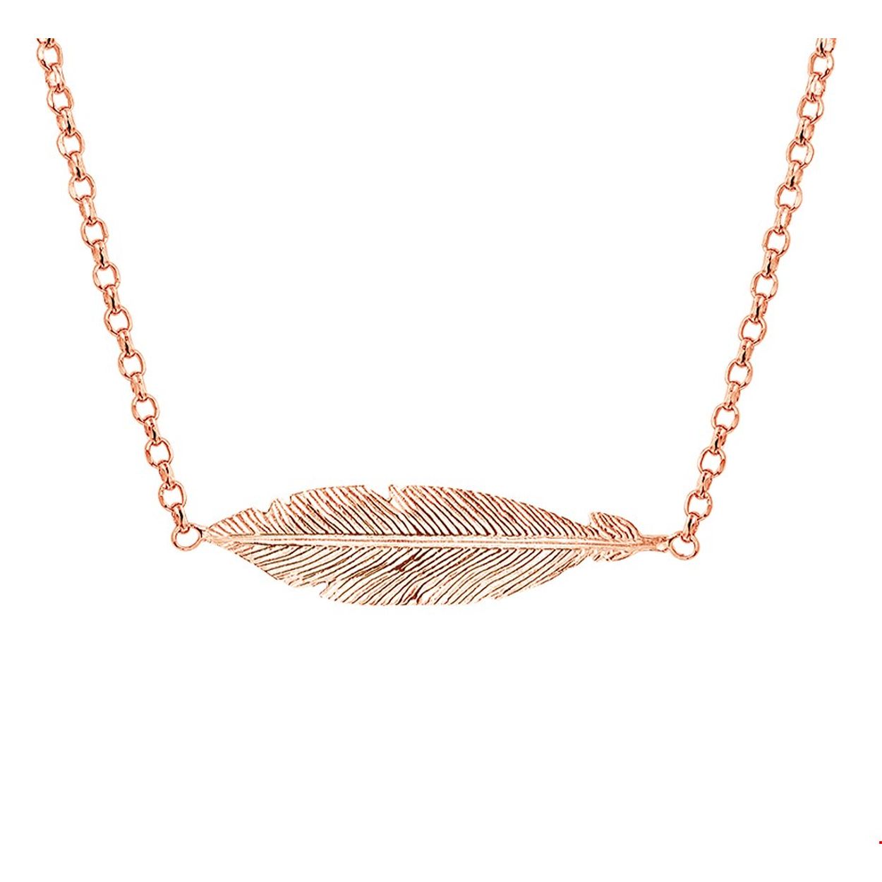 Trendy roodgoud op zilveren 1.8mm anker collier met een lengte van 40.5cm met een extensie van 3cm. Het collier is uitgevoerd met een veer van 30x8mm en stevige karabijn sluiting. Ineens zag je ze overal sieraden met veren tassen en zelfs kleding met veren. Hou je van trendy sieraden dan mogen deze hot items niet missen in jou sieraden stash!