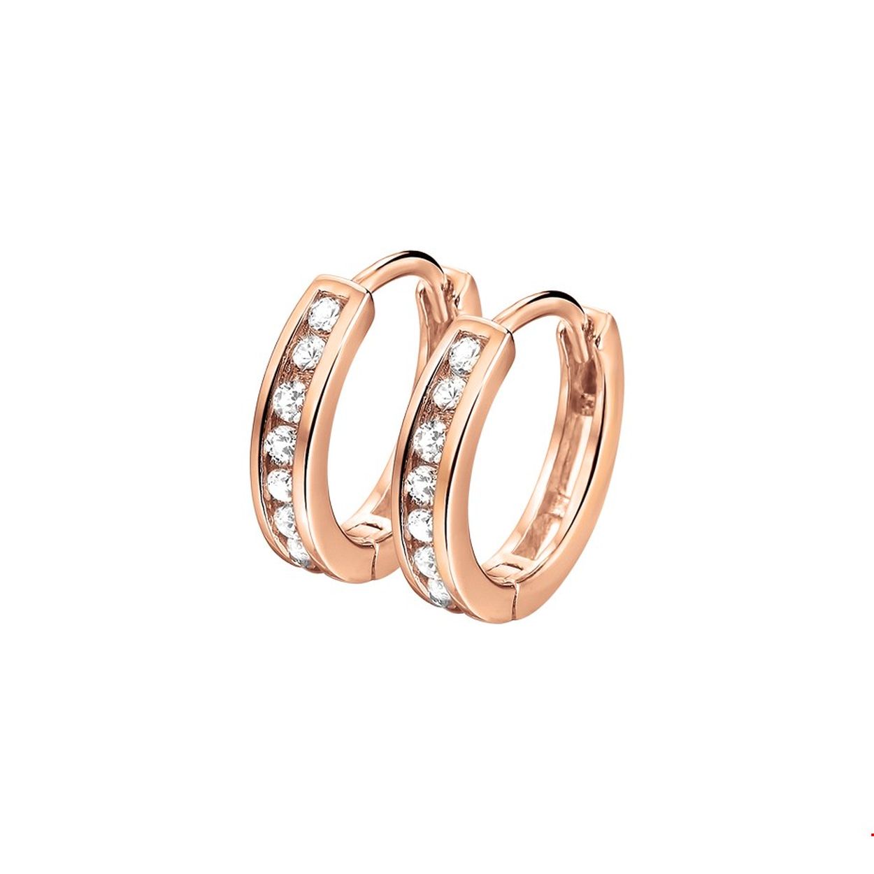 Trendy rosegoud op zilveren klapoorringen. Uitgevoerd met heldere zirkonia stenen en een stevige scharnier sluiting. Door de eenvoud en het verfijnde ontwerp kunnen deze klapoorringen perfect worden gedragen met andere sieraden. Tip: Leuk om kado te geven! Zie je ze al stralen?