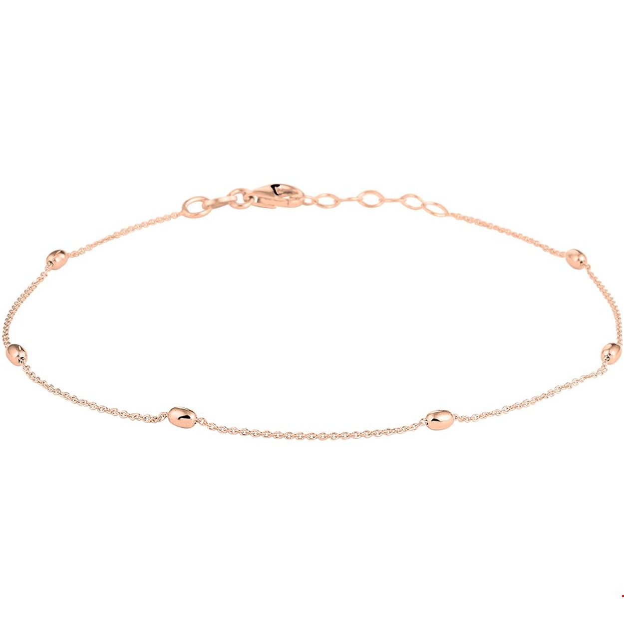 Beschrijving: Trendy rosegoud op zilveren enkelbandje uitgevoerd met poli afgewerkte ovaal gevormde bolletjes met afmetingen van 2.5x3.6mm. Met een draaglengte van 24cm en een extensie van 2cm. Het enkelbandje heeft een karabijn sluiting. Tip: Leuk om kado te geven!
Doelgroep: dames
Breedte: 2.5 mm
Kortste lengte: 24 mm
Langste lengte: 26 mm