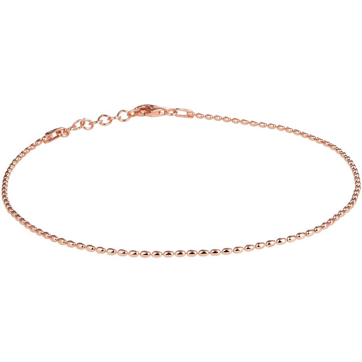 Beschrijving: Trendy rosegoud op zilveren enkelbandje met een draaglengte van 24cm en een extensie van 2cm. Uitgevoerd met een stevige karabijn sluiting. Tip: Maak je zomerlook af met dit hippe enkelbandje. Leuk om kado te geven!
Doelgroep: dames
Breedte: 1.5 mm
Kortste lengte: 24 mm
Langste lengte: 26 mm